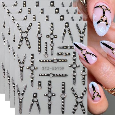 4Sheets 5D Embossed Belt Nail Decals - Y2K Relief Punk Nail Art Stickers &amp; Decorations