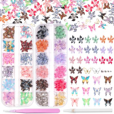 Butterfly Acrylic Nail Charms, 3D Flower Nail Charms, Mixed Color Variety 3D Hawaii Flowers Hibiscus Floral Gems Colorful Butterfly for Spring Summer Nails Art Designs Accessories