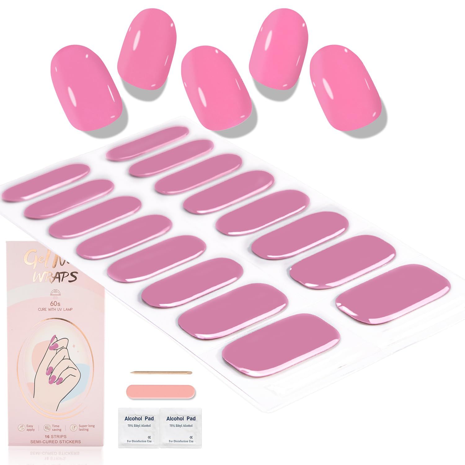 WOKOTO Semi Cured Gel Nail Strips (Hot Pink)-16 Pcs Gel Nail Stickers | Gel Nail Wraps | UV Light Required, Salon Quality &amp; Easy to Use, Real Nail Polish Strips Stick On Nails Kit with Nail File
