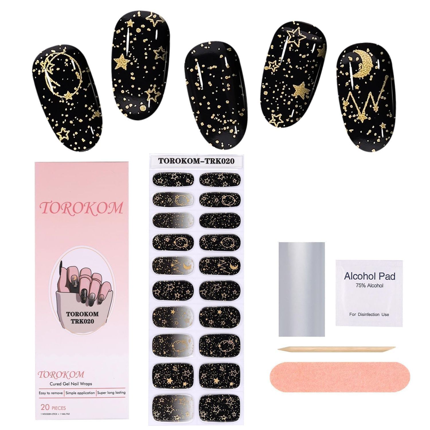 TOROKOM Semi Cured Gel Nail Strips, Black Moon Gel Nail Strips Long Lasting Waterproof Real Nail Polish Strips Wraps Stickers With Cuticle Stick, Nail File, Nail Wipes &amp; Sealing(UV/LED Lamp Required)