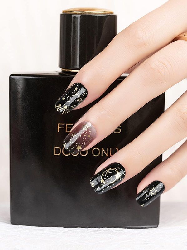 TOROKOM Semi Cured Gel Nail Strips, Black Moon Gel Nail Strips Long Lasting Waterproof Real Nail Polish Strips Wraps Stickers With Cuticle Stick, Nail File, Nail Wipes &amp; Sealing(UV/LED Lamp Required)