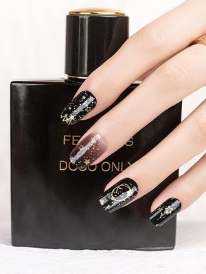 TOROKOM Semi Cured Gel Nail Strips, Black Moon Gel Nail Strips Long Lasting Waterproof Real Nail Polish Strips Wraps Stickers With Cuticle Stick, Nail File, Nail Wipes &amp; Sealing(UV/LED Lamp Required)