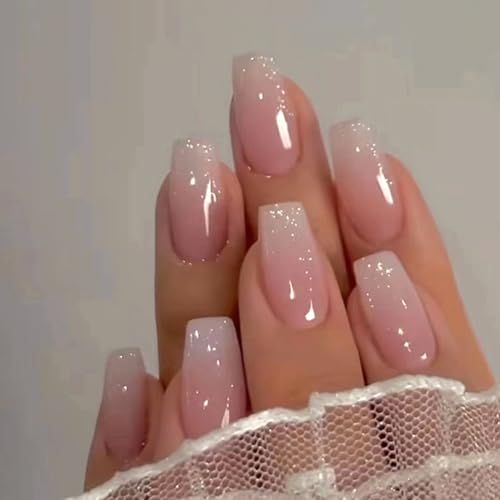 Hrnsnails Coffin Press On Nails Medium Fake Nails with Ombre&amp;Glitter Nail Press Ons Design, Artificial False Nails Stick On Nails for Women-30Pcs