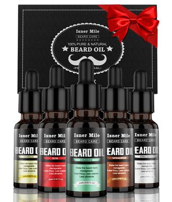ISNER MILE Beard Oil 5 Pack, Stocking Stuffers Gifts for Men Him Dad Boyfriend, Mustaches Soften, Moisturize, Strength with Sandalwood, Bay Rum, Vanilla, Cologne, Unscented, Beard Grooming and Care