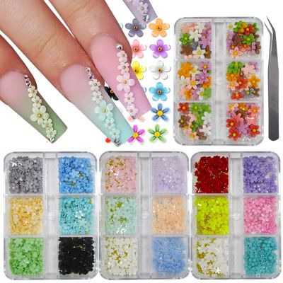 LoveOurHome 4 Boxes 3D Flower Nail Charms Colorful Blossom Studs Nail Supplies with Gold Silver Pearl Caviar Beads Manicure Decorations for Gel Acrylics Nails Design, Crafts