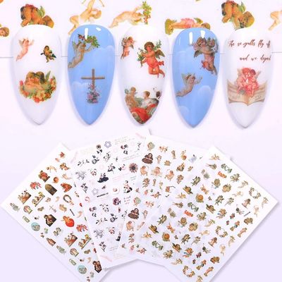 Angel Nail Stickers, 3D Self-Adhesive Baby Angels Nail Decals Baroque Flower Leaf Nail Art Stickers Colorful Mixed Angel Valentines Day Nail Decorations for Women Girls (4 Sheets)