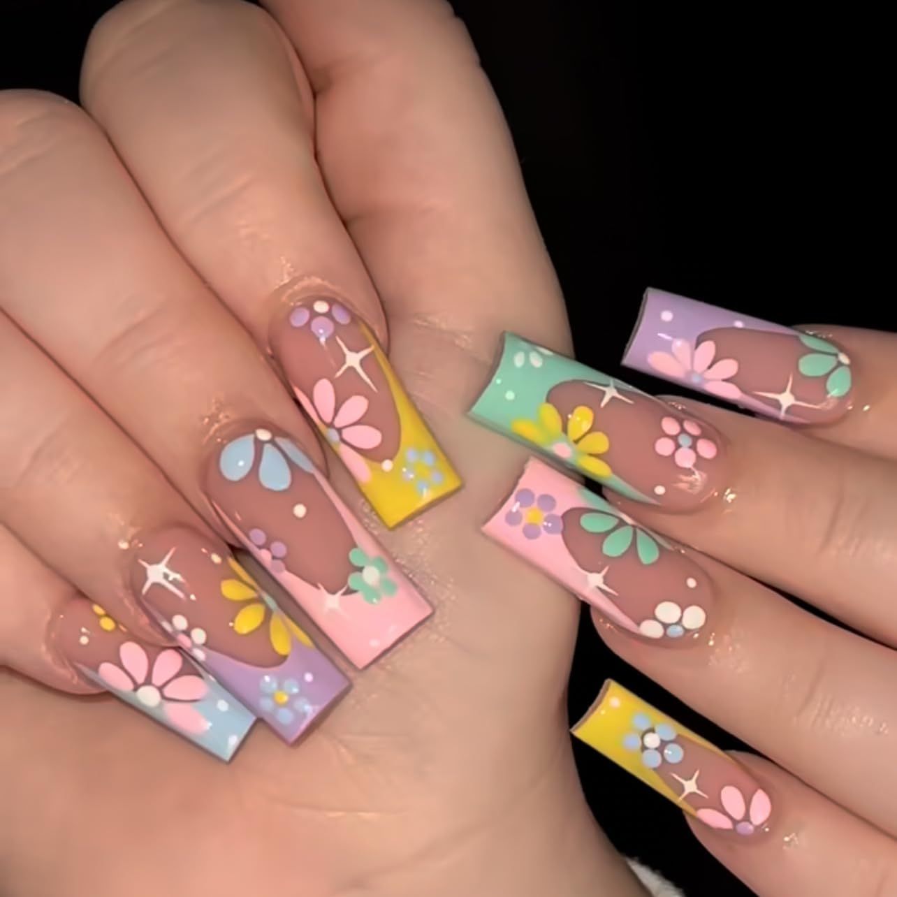 24Pcs Colorful French Tip Press on Nails Long Square Fake Nails Color Summer Daisy Full Cover Design Glue On Nails Coffin Shape False Nails Flowers Acrylic Press Ons for Women and Girls Manicure Art