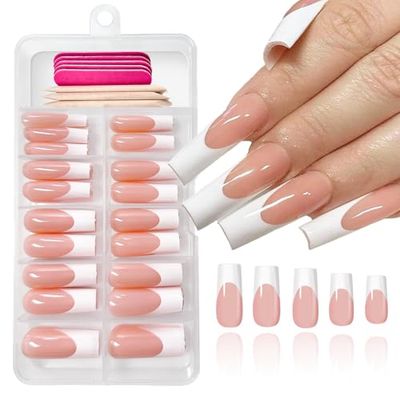 120 pcs French Tips Press on Nails Long Square Fake Nails White Tips False Nails Full Cover Acrylic Glue on Nails Coffin Nails Press ons with Adhesive Tabs for Women Manicure 12 Size