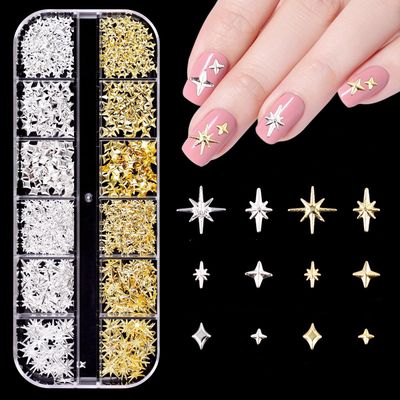 COOSLIM Star Nail Charms and Gems - Starshine Cross Metal Mixed Gold and Silver Decorations, 3D Gold Nail Art Decals for DIY Decor