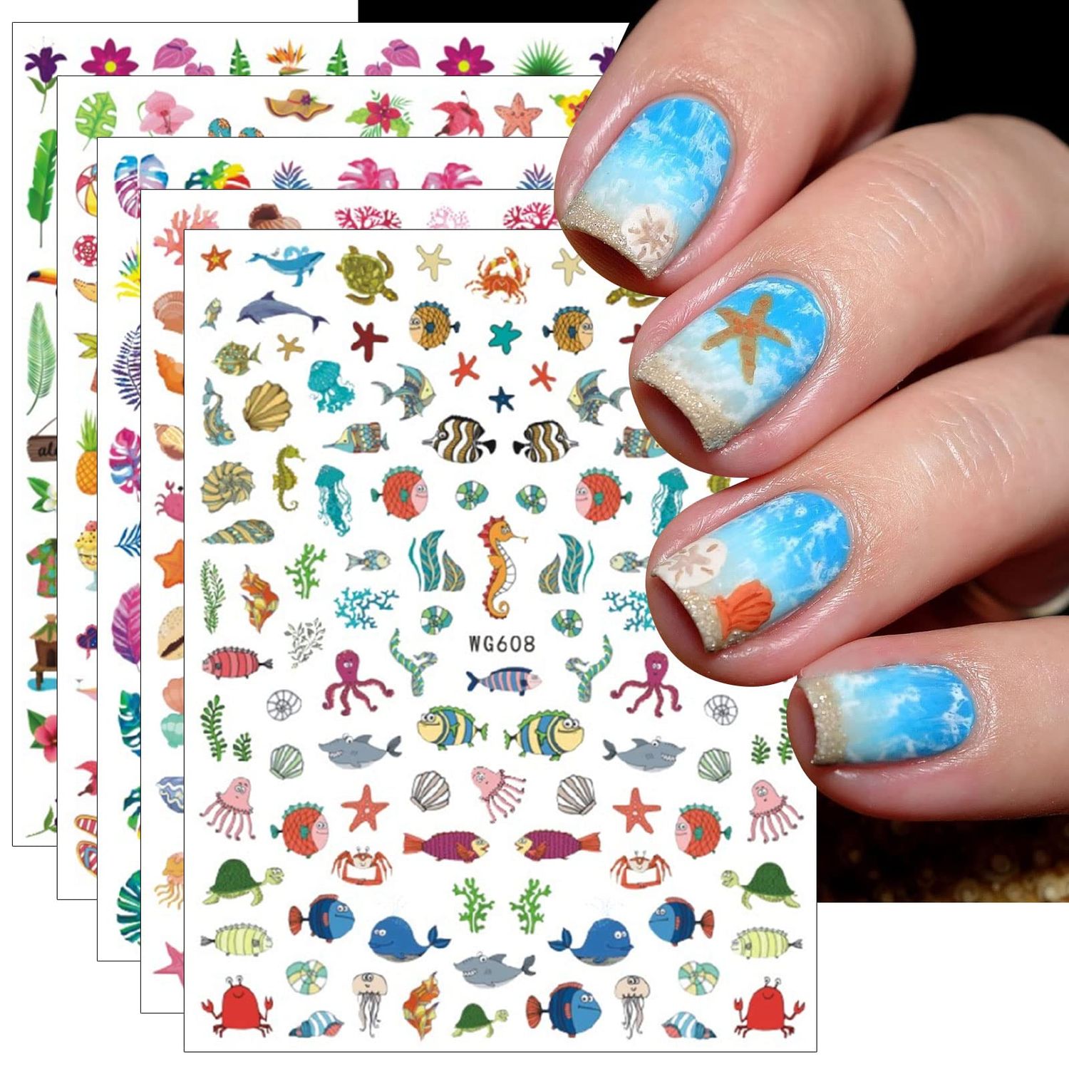 JMEOWIO 12 Sheets Summer Ocean Nail Art Stickers Decals Self-Adhesive Pegatinas Uas Fish Beach Turtle Whale Nail Supplies Nail Art Design Decoration Accessories