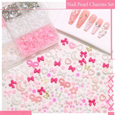 RODAKY Assorted Bow Nail Charms Pink&amp;White Flatback Pearls Resin Charm for Nails Tiny 3D Flower Rhinestone Gems Metal Butterfly for Manicure Design Craft DIY Accessories