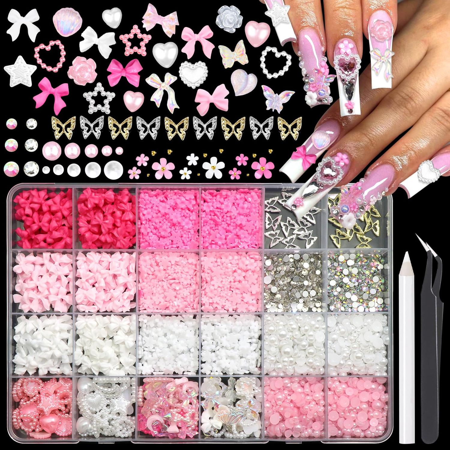 RODAKY Assorted Bow Nail Charms Pink&amp;White Flatback Pearls Resin Charm for Nails Tiny 3D Flower Rhinestone Gems Metal Butterfly for Manicure Design Craft DIY Accessories