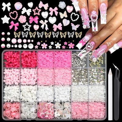 RODAKY Assorted Bow Nail Charms Pink&amp;White Flatback Pearls Resin Charm for Nails Tiny 3D Flower Rhinestone Gems Metal Butterfly for Manicure Design Craft DIY Accessories
