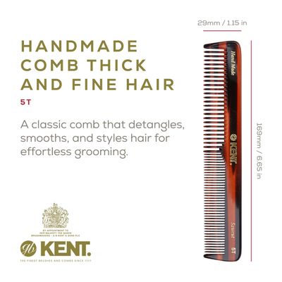 Kent 5T 6.6 Inch Double Tooth Dressing Comb, Fine and Wide Tooth for Hair, Beard, and Mustache Styling and Grooming - Coarse and Fine for Men, Women, and Kids - Made in England