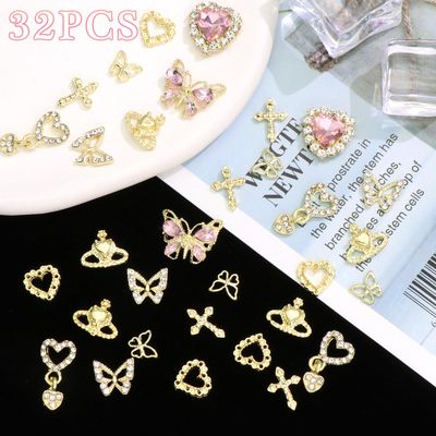RODAKY 32PCS Butterfly Nail Charms Gold Cross Nail Art Charms Dangle Charms for Nails Pink Heart Luxury Nail Jewelry Metal Nail Decoration Accessories for Women Manicure