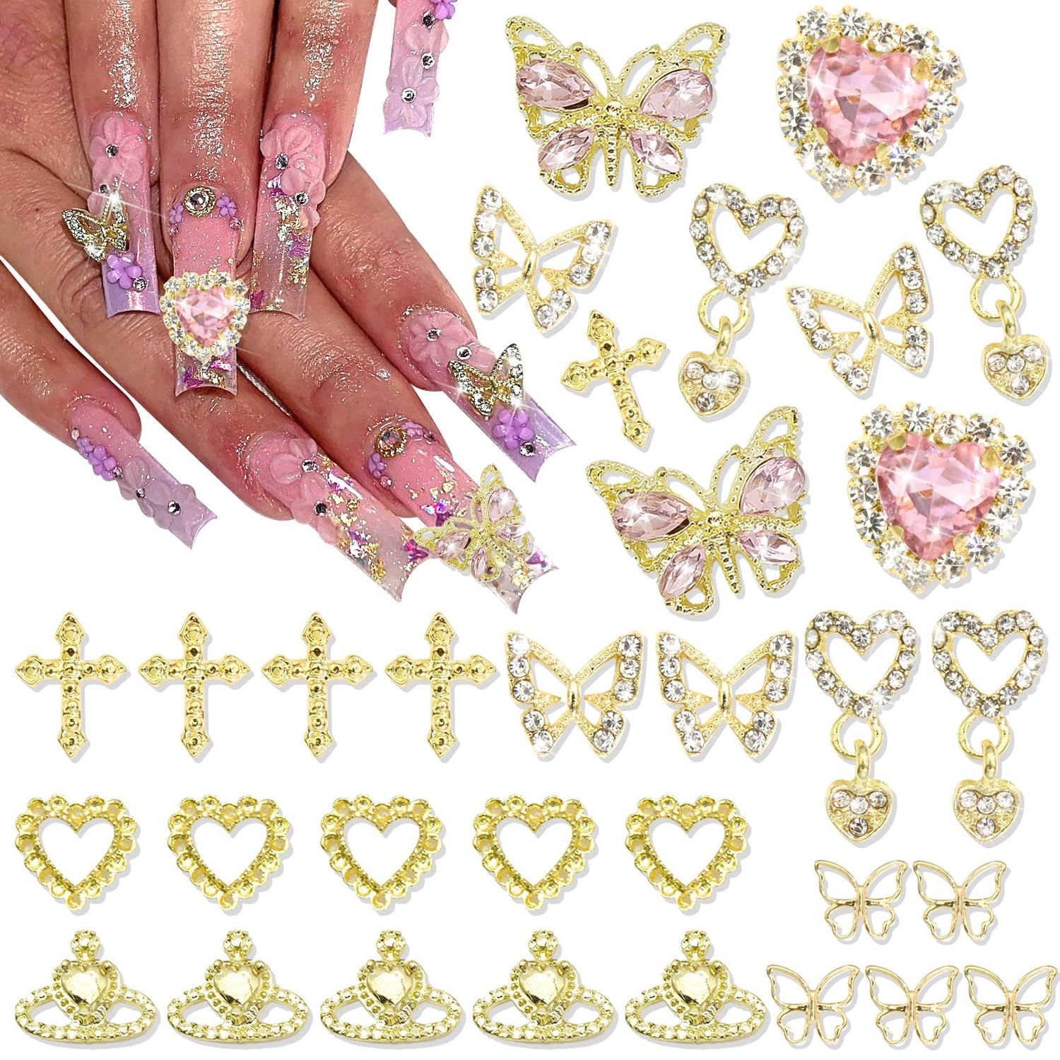 RODAKY 32PCS Butterfly Nail Charms Gold Cross Nail Art Charms Dangle Charms for Nails Pink Heart Luxury Nail Jewelry Metal Nail Decoration Accessories for Women Manicure