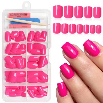 Bellelfin Square Press on Nails Short, 120Pcs Glossy Hot Pink Fake Nails Full Cover Acrylic Nail Press ons Reusable Glue on Nails Solid Color Artificial False Nail for Women Girls