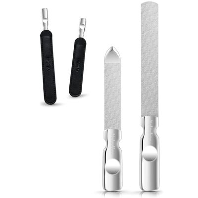 Velodios Heavy Duty Nail File for Men and Women, Reusable Stainless Steel Fingernail Files, Double Sided Stainless Steel Nail File with Leather Case, Great for Home and Salon - 2PCS
