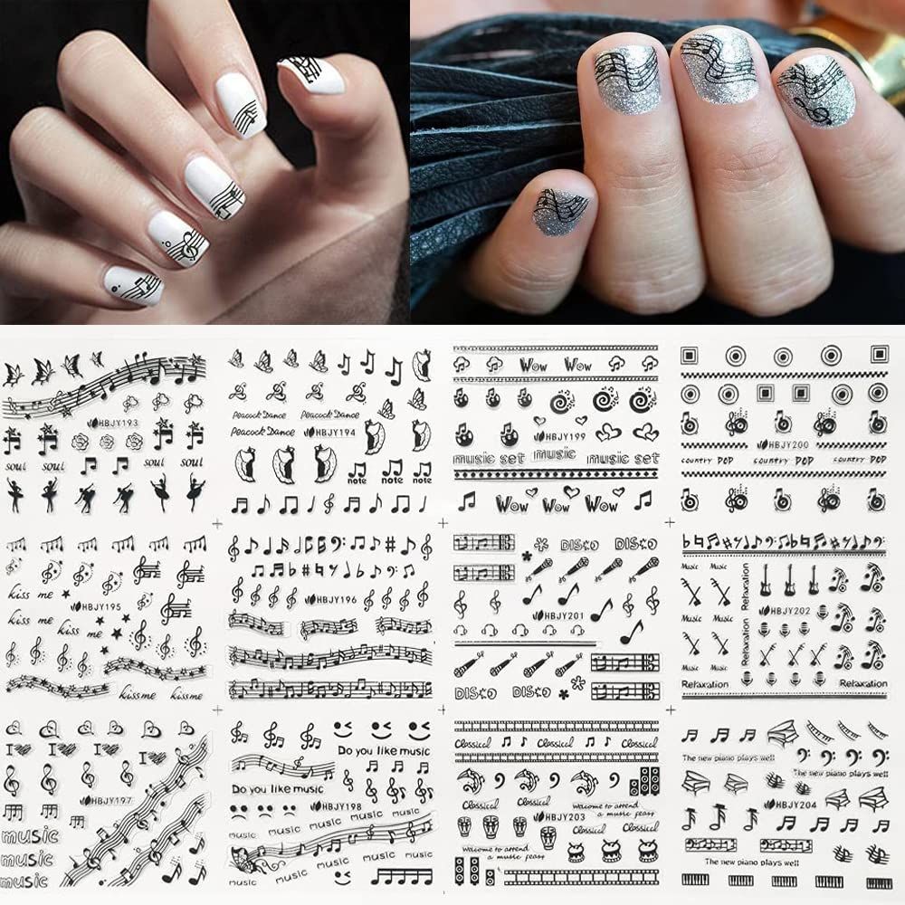 Musical Instrument Series Nail Art Stickers, Musical Notes Nail Decals 3D Self-Adhesive Guitar Erhu Piano keys Microphone Musical Notes Nail Design Manicure Tips Nail Decoration for Women Girls Kid...