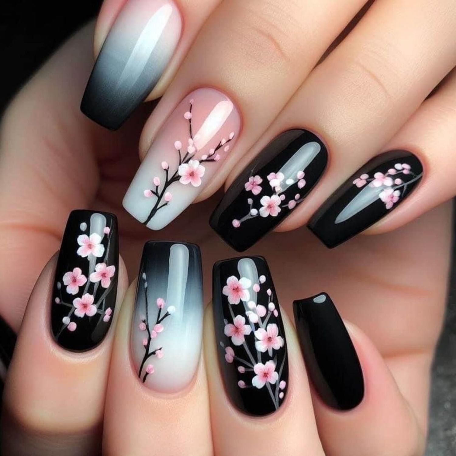 MIXFOSAHN Flower Press on Nails Medium Coffin Fake Nails Black Pink False Nails with Gradient Designs Pink Floral Glossy Stick on Nails Glue on Nails Spring Acrylic Nails for Women Girls 24 Pcs