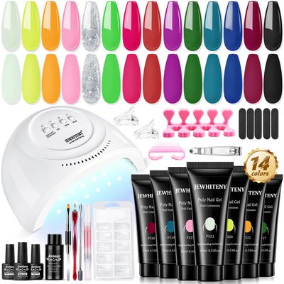 JEWHITENY 14 Colors Poly Nail Gel Kit With U V Lamp Poly Nail Extension Gel All-in-one Kit Builder Strengthen Art Starter DIY At Home Gifts For Women