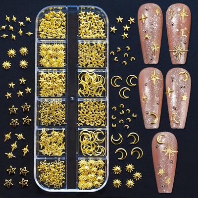 450pcs Sun Moon Stars Gold Nail Charms, 12 Grids/Box Metal Rivets Nail Art Charms 3D Star Charms for Nails Design Alloy Nail Studs Nail Jewelry Starlight Nail Charm Nail Jewels for Nail Art Supplies