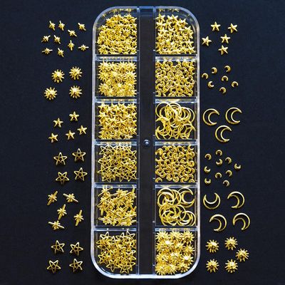 450pcs Sun Moon Stars Gold Nail Charms, 12 Grids/Box Metal Rivets Nail Art Charms 3D Star Charms for Nails Design Alloy Nail Studs Nail Jewelry Starlight Nail Charm Nail Jewels for Nail Art Supplies