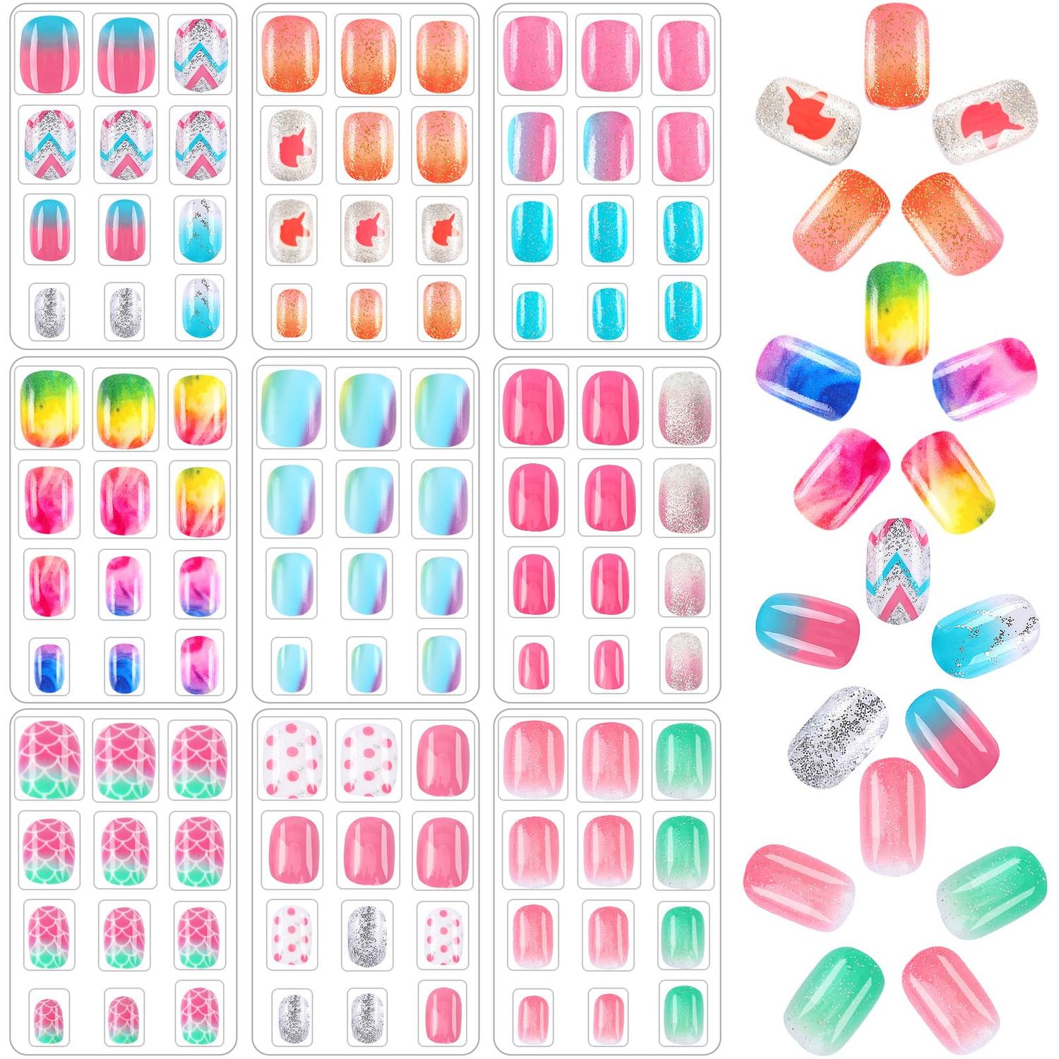DTOFOOT 108Pcs Fake Press on Nails for Kids,Acrylic Full Cover False Press on Nails Girls Stick on Nails for Kids Children Birthday Party Favors Gift Nail Art Decoration9 Pack Gradient Style