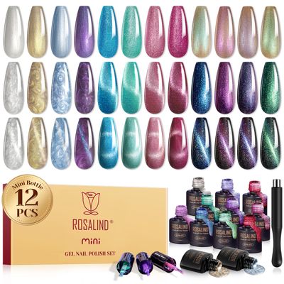 ROSALIND Cat Eye Gel Nail Polish Set with Magnet, 12 PCS Holographic Glitter Purple Blue Red Gel Polish Magnetic and Swirl Shell Thread Effect Sparkle Gel Polish Gifts for Women