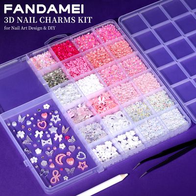 FAMDAMEI 24 Grid Nail Charms Kit, AB Half Pearl Beads for Crafting, Flatback Nail Pearls Rhinstones for Crafts, Clear White Pink Resin Jelly Rhinestones, 3D Nail Charms and Gems for DIY