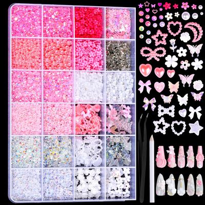 FAMDAMEI 24 Grid Nail Charms Kit, AB Half Pearl Beads for Crafting, Flatback Nail Pearls Rhinstones for Crafts, Clear White Pink Resin Jelly Rhinestones, 3D Nail Charms and Gems for DIY