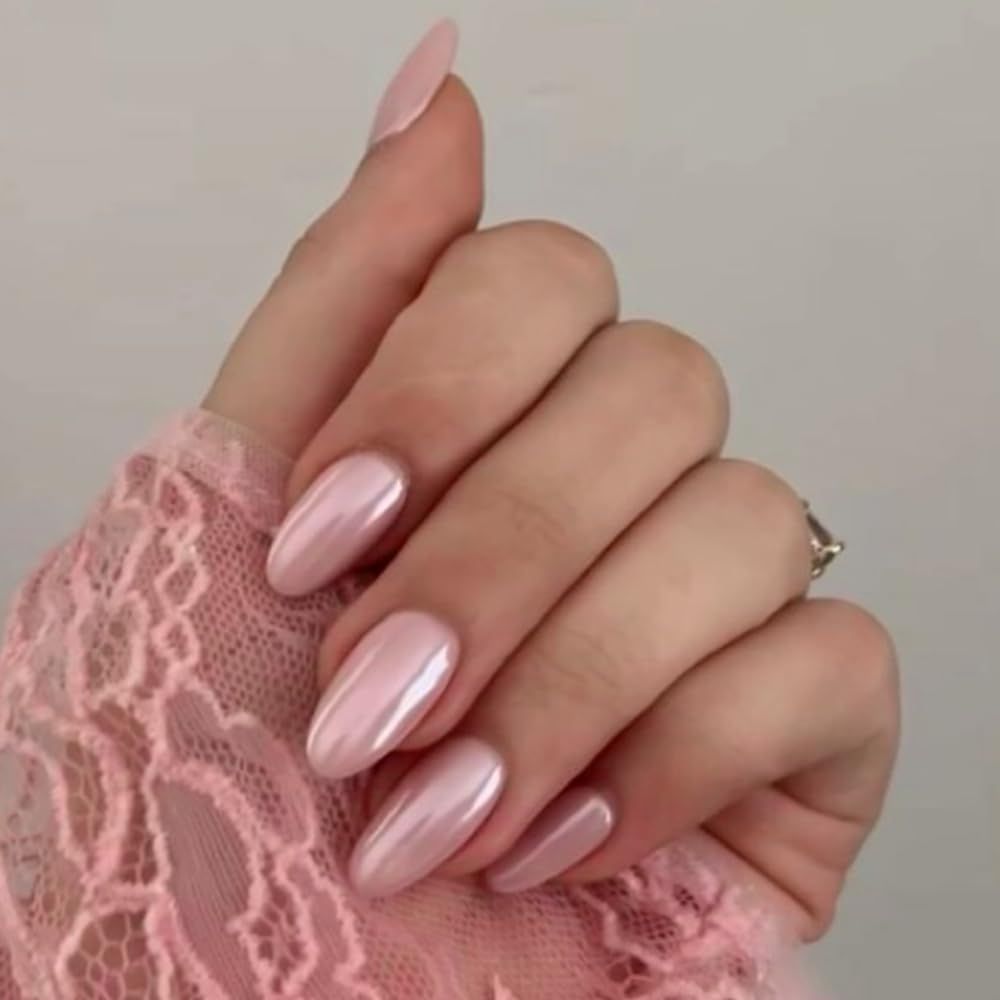 Modelones Pearl Press on Nails Blush Medium Almond Pink Chrome Nails Glazed Donut Nails with Nail Glue Press On Nails Shiny Reusable Manicure Fake Nails Elegant Nail for Women 15 Sizes 30Pcs