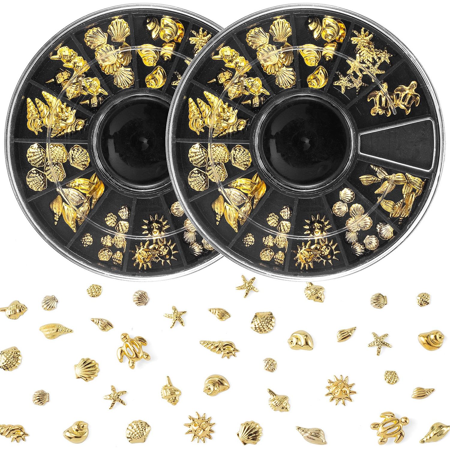 Pndeyo Ocean Nail Charms Nail Art Stickers 2 Disc, Beach Starfish Sea Seashell Charms Decals, Gold Metal 3D Gems Decals for Manicure DIY Embellishments 12 Style