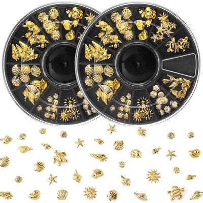 Pndeyo Ocean Nail Charms Nail Art Stickers 2 Disc, Beach Starfish Sea Seashell Charms Decals, Gold Metal 3D Gems Decals for Manicure DIY Embellishments 12 Style