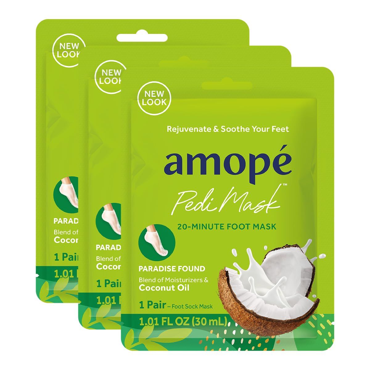 Amop Pedi Mask 20-Minute Foot Mask, Intensely Moisturizing Socks, Paradise Found with Coconut Oil, Urea &amp; Vitamin Complex for Long Lasting Hydration, No Added Fragrance, 3 pair (Packaging May Vary)