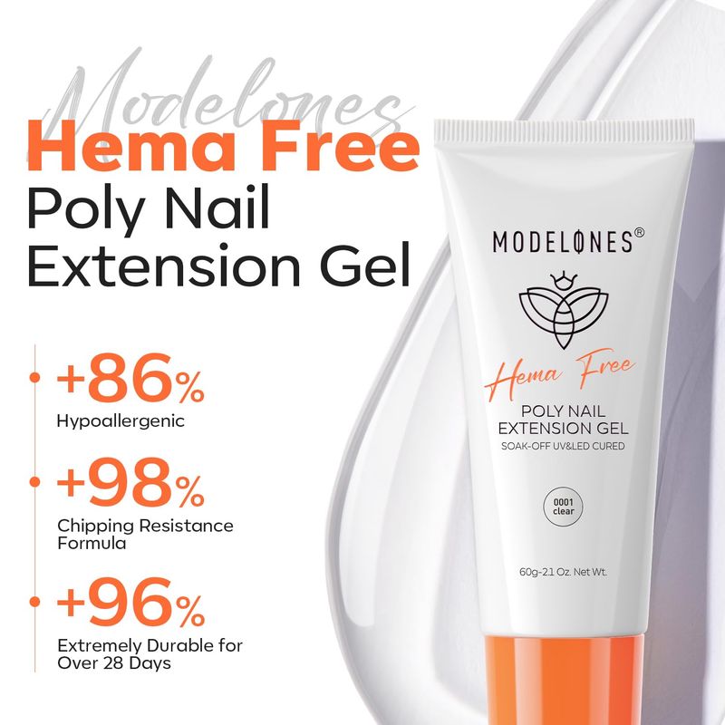 Modelones Poly Gel, Hema-Free 60ML Clear Poly Extension Gel Nail Strengthener Enhancement Thickening Natural Wearing Nail Builder Overlays Home DIY Salon