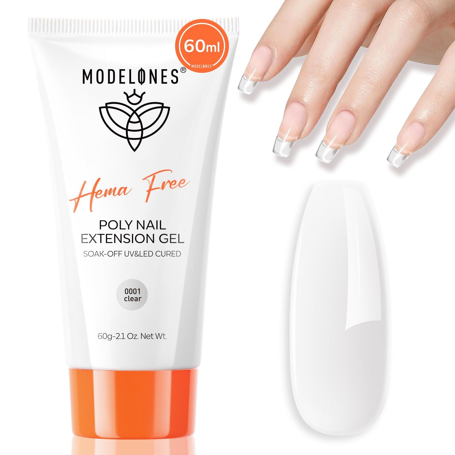 Modelones Poly Gel, Hema-Free 60ML Clear Poly Extension Gel Nail Strengthener Enhancement Thickening Natural Wearing Nail Builder Overlays Home DIY Salon
