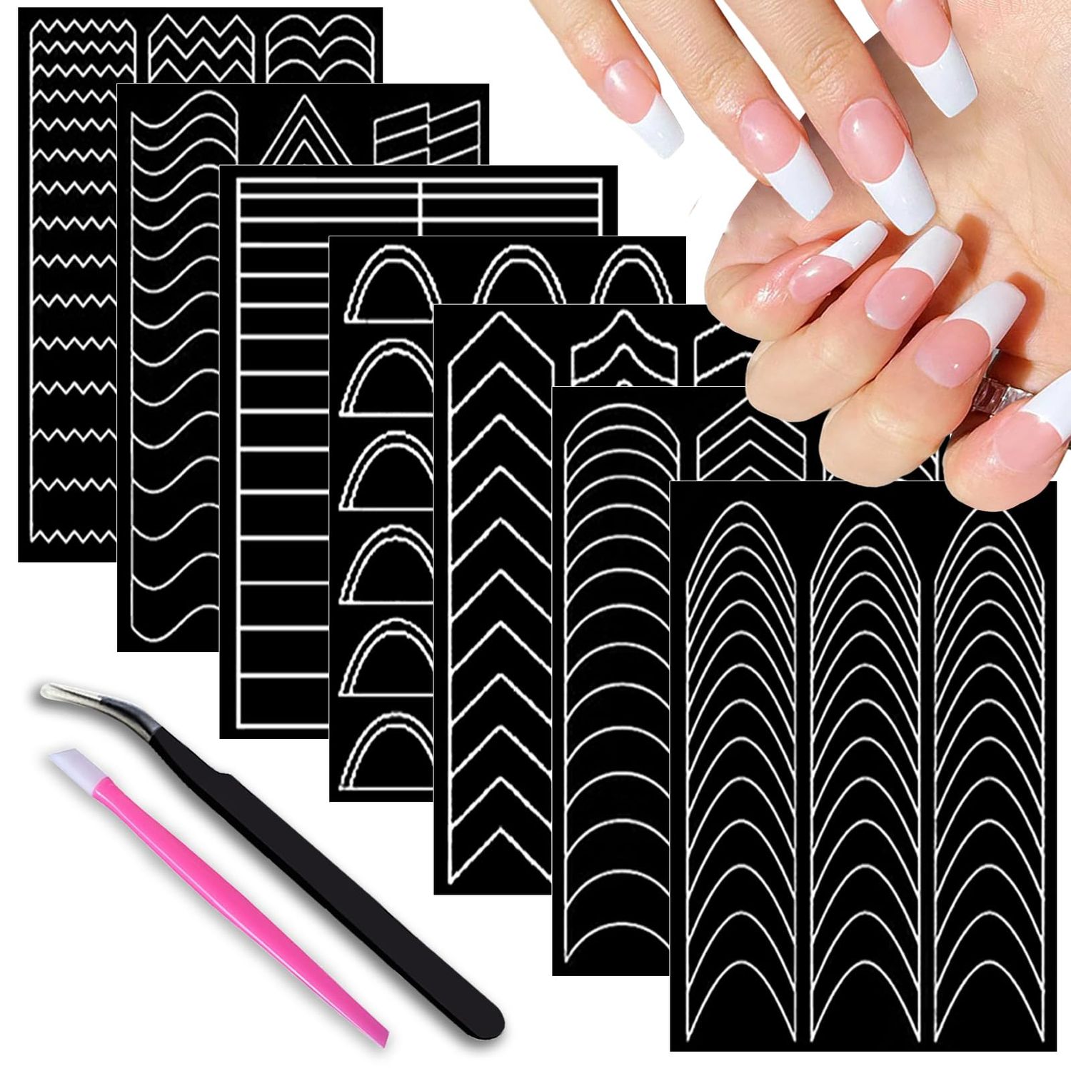 24 Sheets French Tip Nail Guides,Self-Adhesive Manicure Strips Tools French V-Shaped Moon Shaped Manicure Strip Stickers for Nails Edge Auxiliary Black DIY Decoration Stencil Tools Accessories