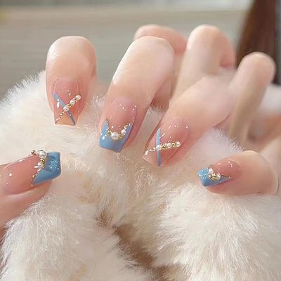Blue French Press on Nails Medium with Pearl Design Cute Ballet Shaped False Nails Artificial Acrylic Coffin Nails Full Cover Reusable Fake Nails Nature Fit Stick on Nails Glue on Nails for Women