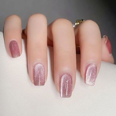 Pink Press on Nails Square Fake Nails Medium False Nails with Solid Color Deign Gradient Acrylic Nails Glossy Artificial Nails Glitter Press on Nails Stick on Nails Glue on Nails for Women Girls 24Pcs