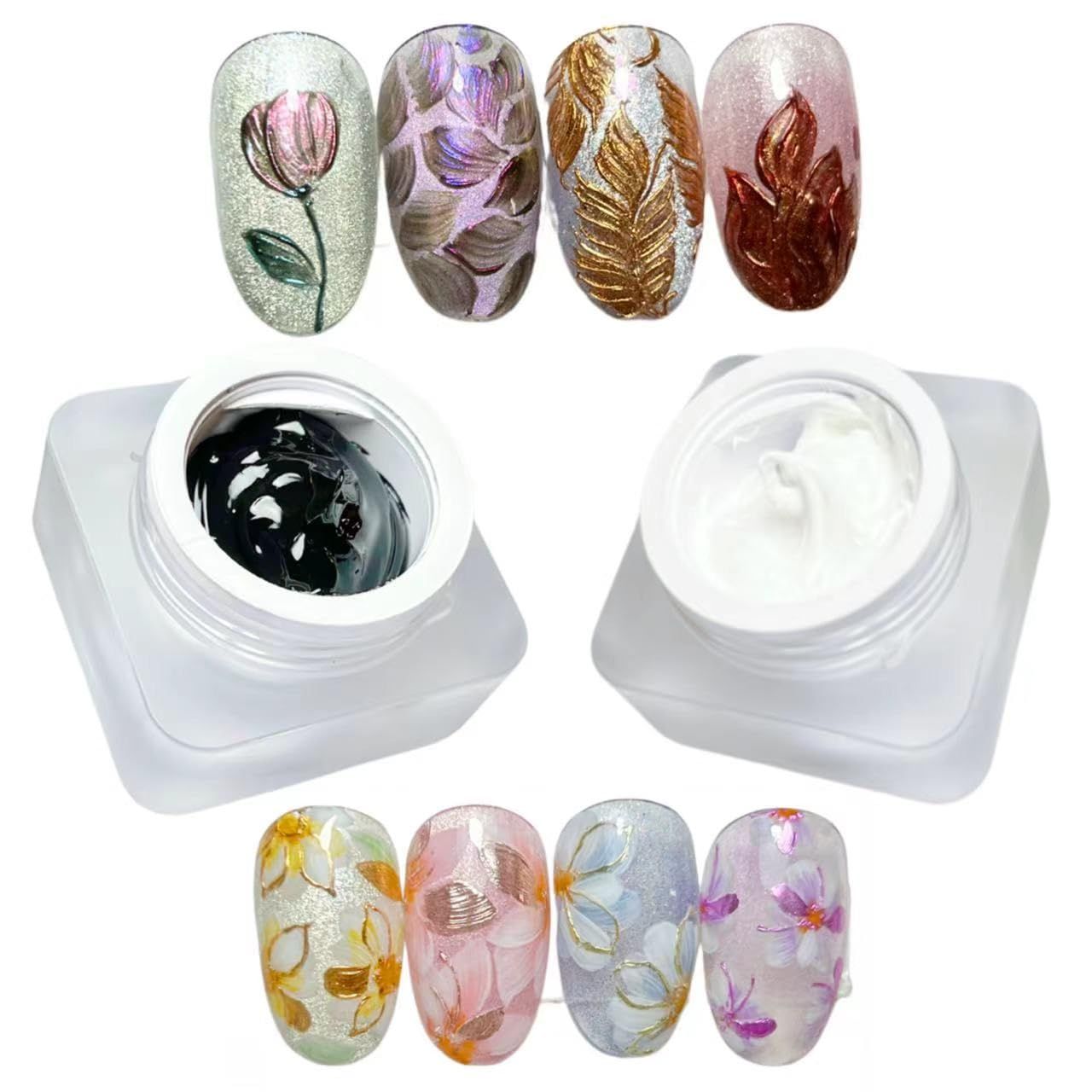 YJMyujimi Nail Gel polish sculpture gel 5g black and white in colour clear stroke non wipe chrome applicable DIY at home embossed painting gel Nail solons mini 3D designs (Black and white, 5g)