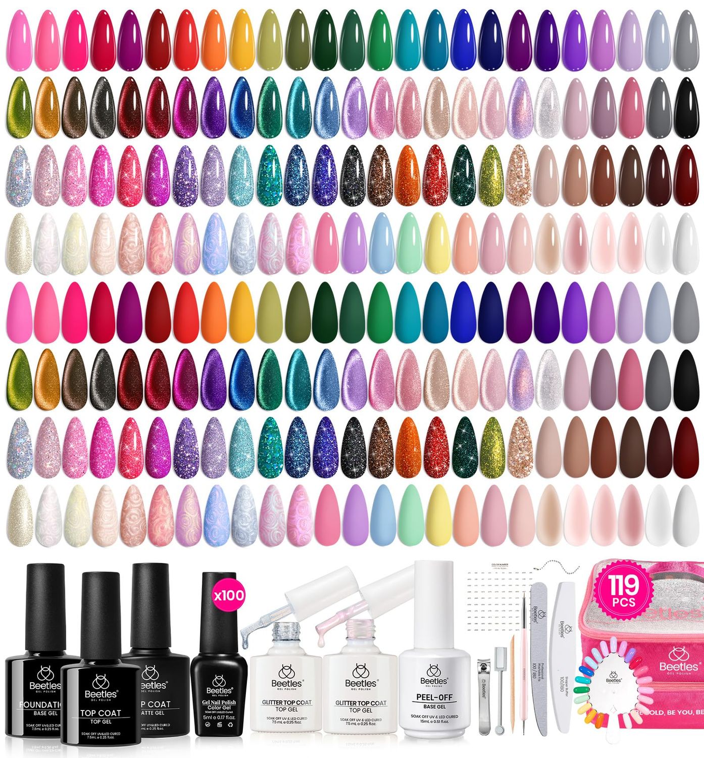 Beetles Gel Nail Polish Set,119 PCS 100 Colors Gel Polish Kit Base Glossy Matte Glitter Top Coat Neon Glitter Pearl Cat Eye White Red Pink Nude Nails Gift for Women Beetles Infinite Styles 100 Colors