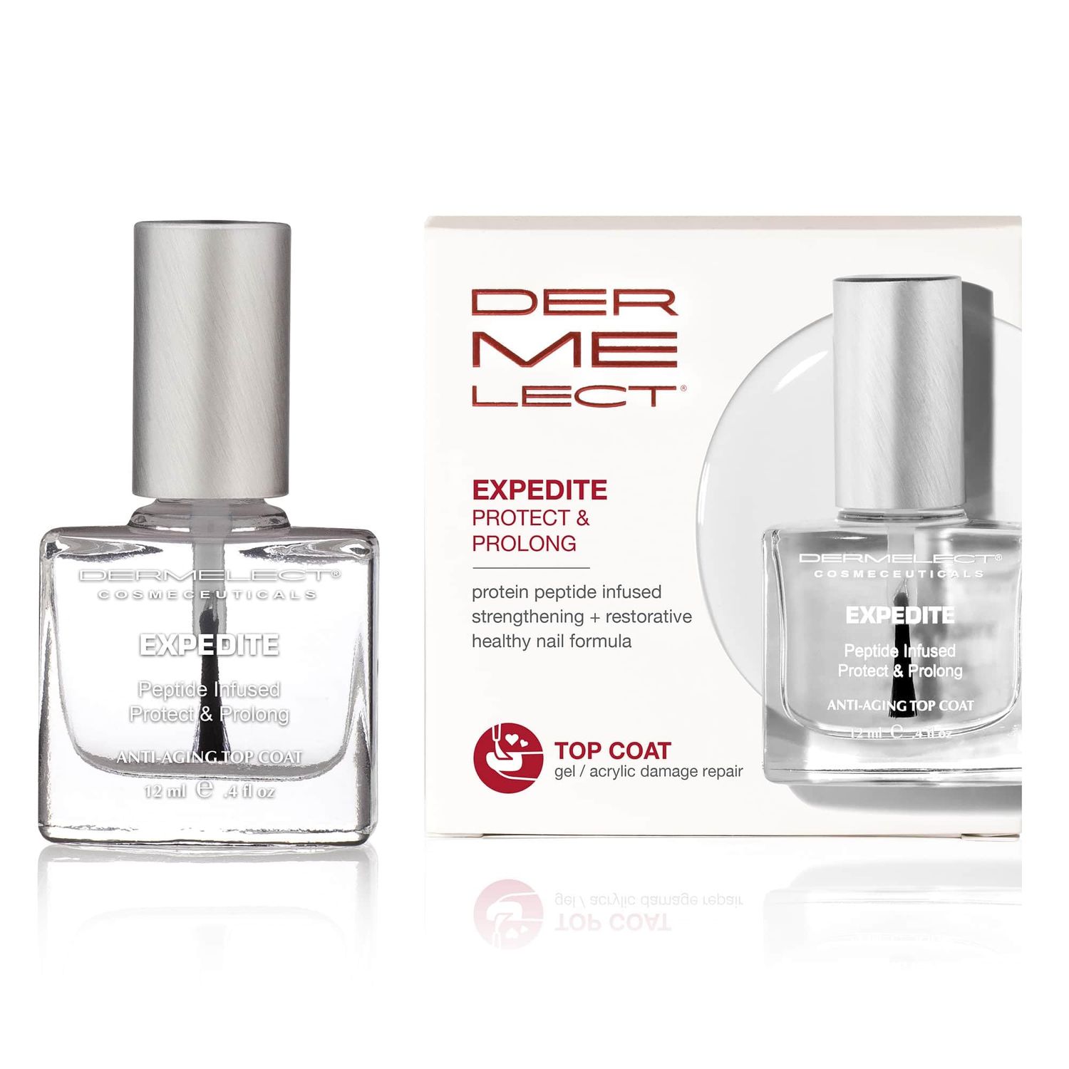 Dermelect Expedite Protect &amp; Prolong Top Coat with Keratin Protein Peptides Strengthening, Hardening Protective High Shine, Quick Dry, Chip Free Treatment for Gel and Acrylic Damaged Nails 0.4 oz
