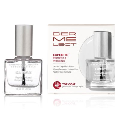 Dermelect Expedite Protect &amp; Prolong Top Coat with Keratin Protein Peptides Strengthening, Hardening Protective High Shine, Quick Dry, Chip Free Treatment for Gel and Acrylic Damaged Nails 0.4 oz