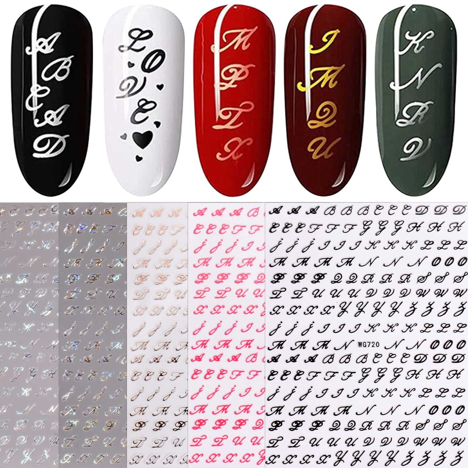 JMEOWIO 6 Sheets Glitter Old Letter Nail Art Stickers Decals Self-Adhesive Pegatinas Uas English Alphabet Nail Supplies Nail Art Design Decoration Accessories