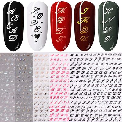 JMEOWIO 6 Sheets Glitter Old Letter Nail Art Stickers Decals Self-Adhesive Pegatinas Uas English Alphabet Nail Supplies Nail Art Design Decoration Accessories