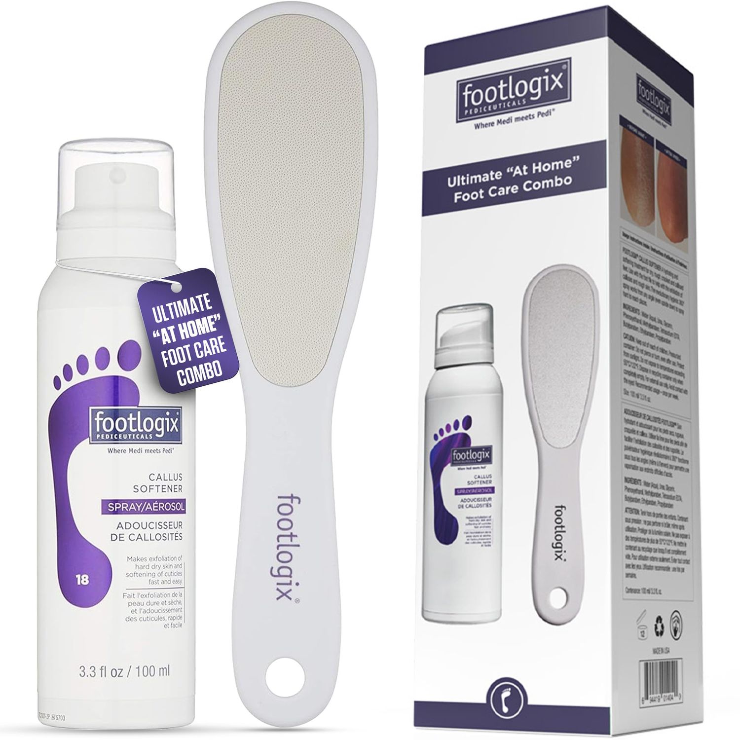 Footlogix Foot Care Callus Softner Combo - Callus Remover Spray &amp; Double-Sided Foot File for Dry, Cracked Heels, Pedicure Tools for Feet, Foot Exfoliator