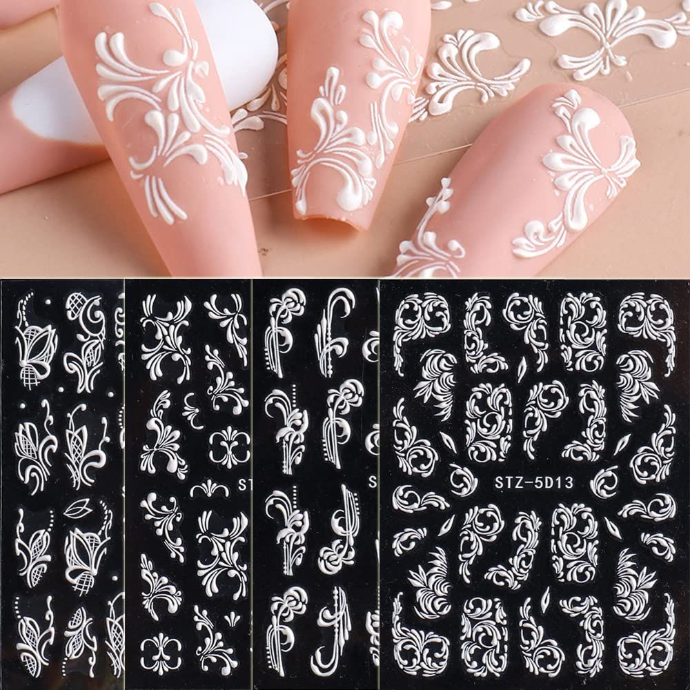 4 Sheets Flower Nail Art Sticker Decals - 5D Stereoscopic Embossed Acrylic Nail Stickers Self-Adhesive Nail Art Supplies White Lace Retro Floral Nail Designs DIY Manicure Decoration for Women Girls
