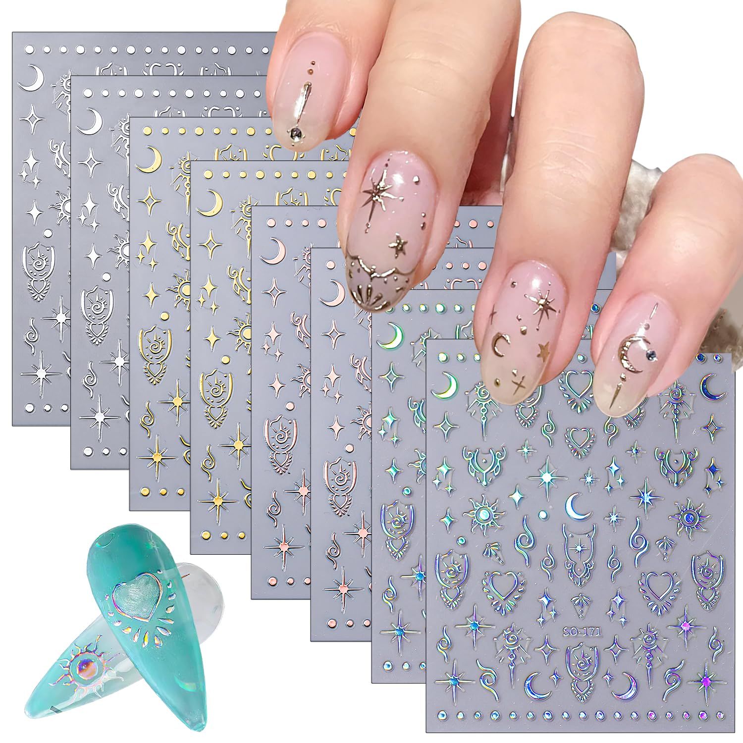 CHANGAR Moon Star Nail Stickers - Metallic Sun Totem Nail Decals, Holographic Laser Gold Silver Nail Stickers, Boho Sun Stars Moon Heart Nail Art Designs