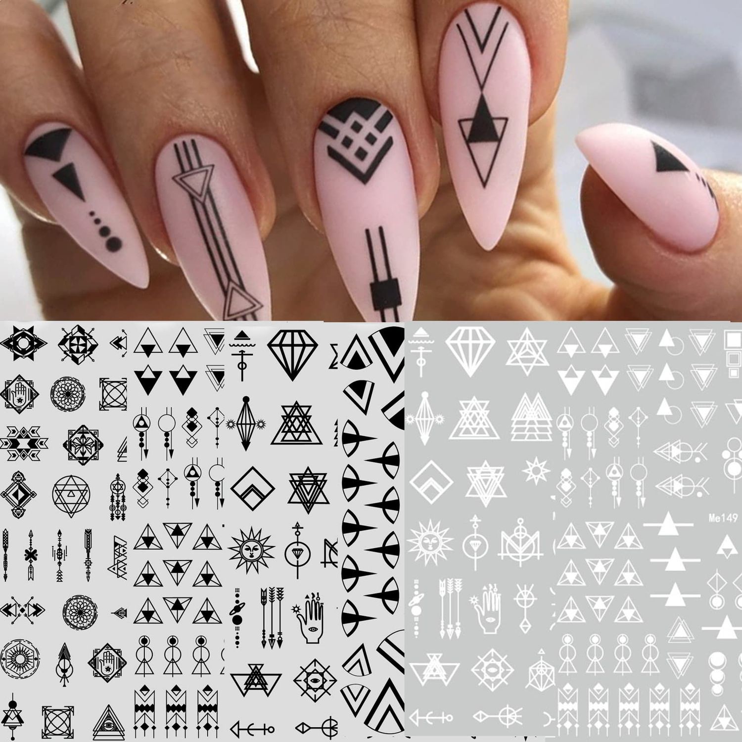 12 Sheets Geometric Nail Art Stickers Decals Self-Adhesive Pegatinas Uas Black White Mysterious Triangle Nail Supplies Nail Art Design Decoration Accessories